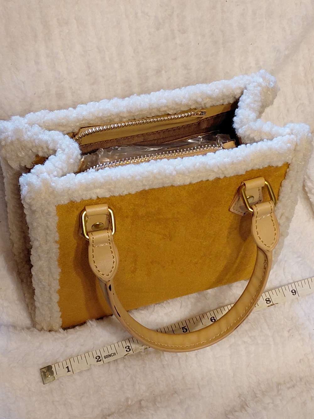 Cozy Sherpa Trim Tote Bag in Mustard Yellow